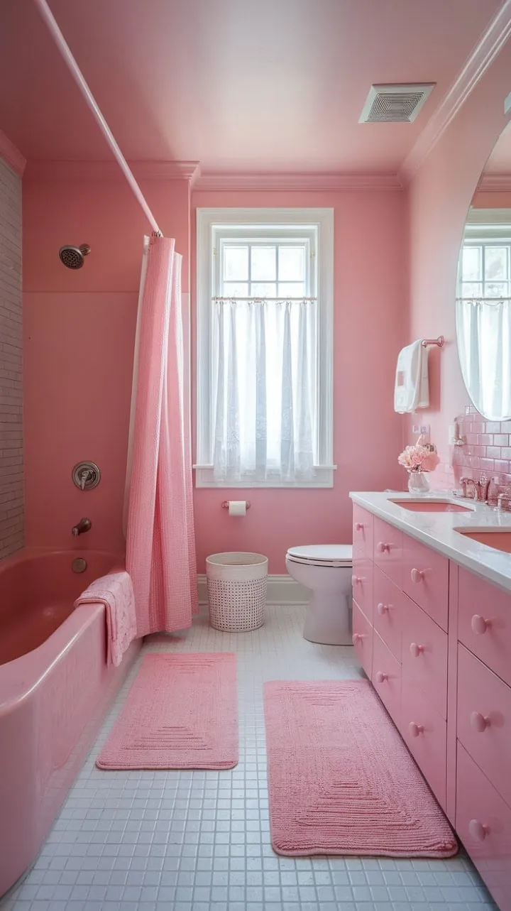 Discover a chic pink paradise that blends modern minimalism with sophisticated girly elegance, creating a serene sanctuary for self-care and relaxation.