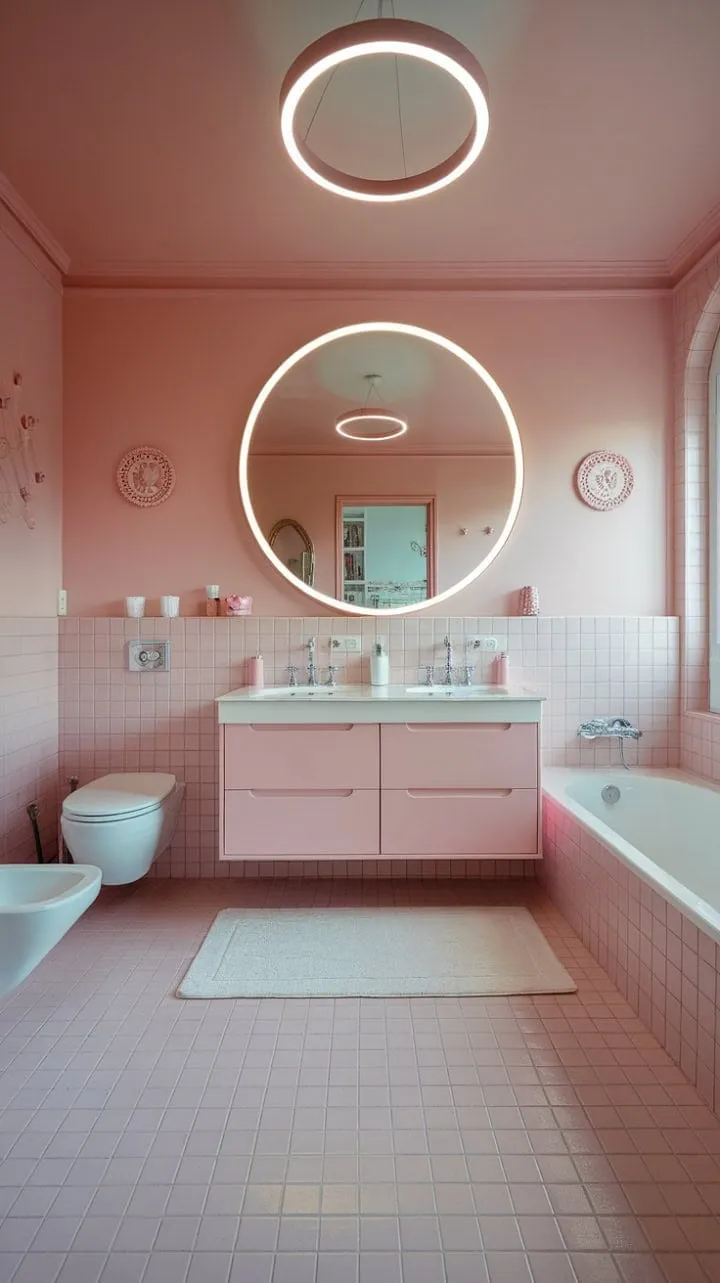 Bathed in soft pink light, this elegantly designed bathroom offers a dreamy sanctuary for relaxation and self-care.