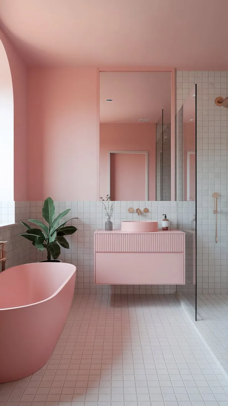 A minimalist pink bathroom boasts a freestanding tub and floating vanity, bathed in natural light and complemented by crisp white tiles.