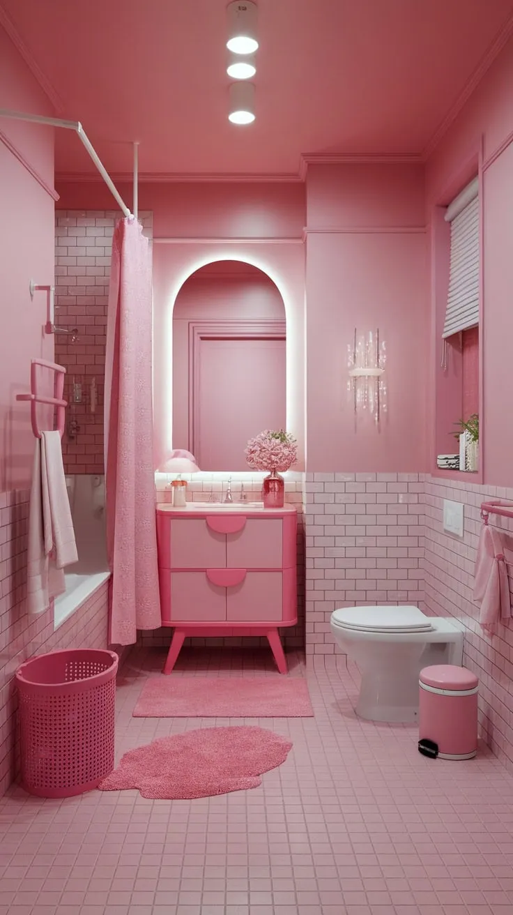 A bright modern bathroom in varying shades of pink creates a stylishly girly haven.