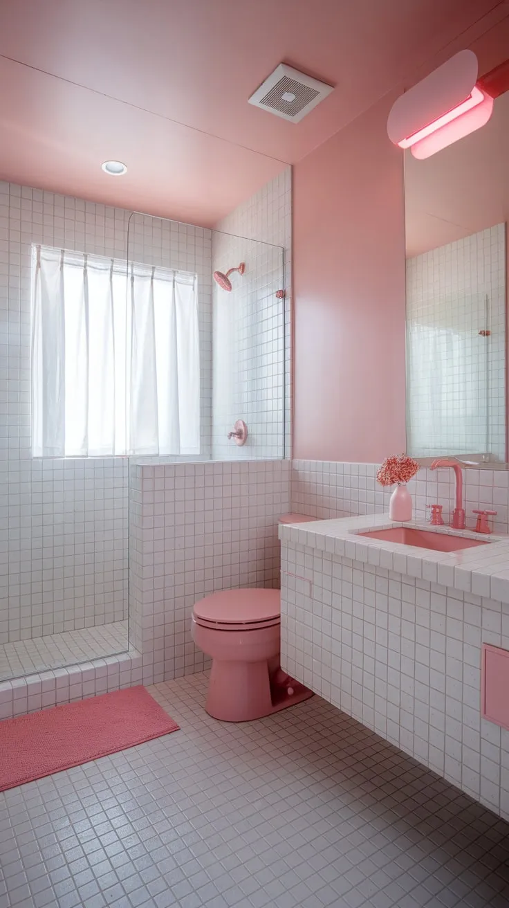 Clean white tiles and soft pink accents create a modern, aesthetically pleasing bathroom sanctuary