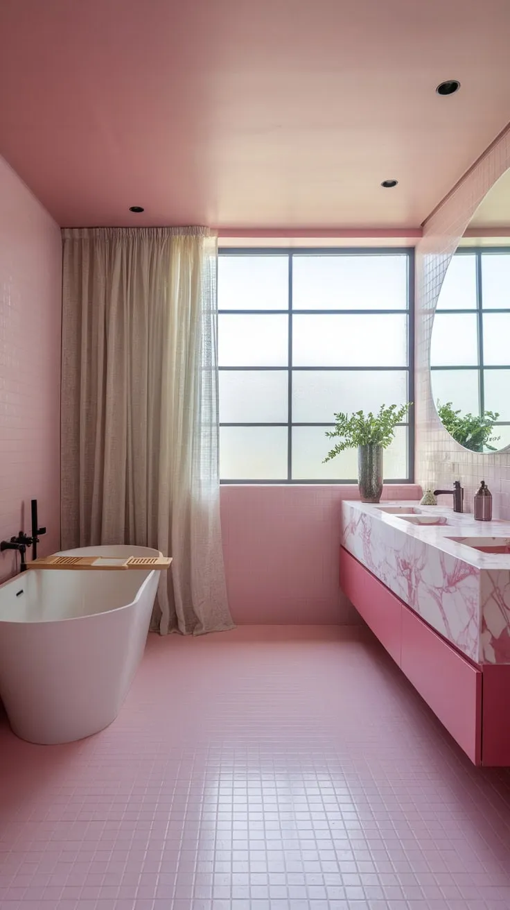 Soft pink walls and floors complement a freestanding tub and marble vanity in this modern bathroom, a stylish haven of tranquility.