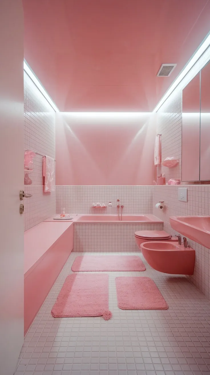 A modern pink bathroom's girly aesthetic is complete with pink walls, floors, and fixtures, creating a bright and inviting space.