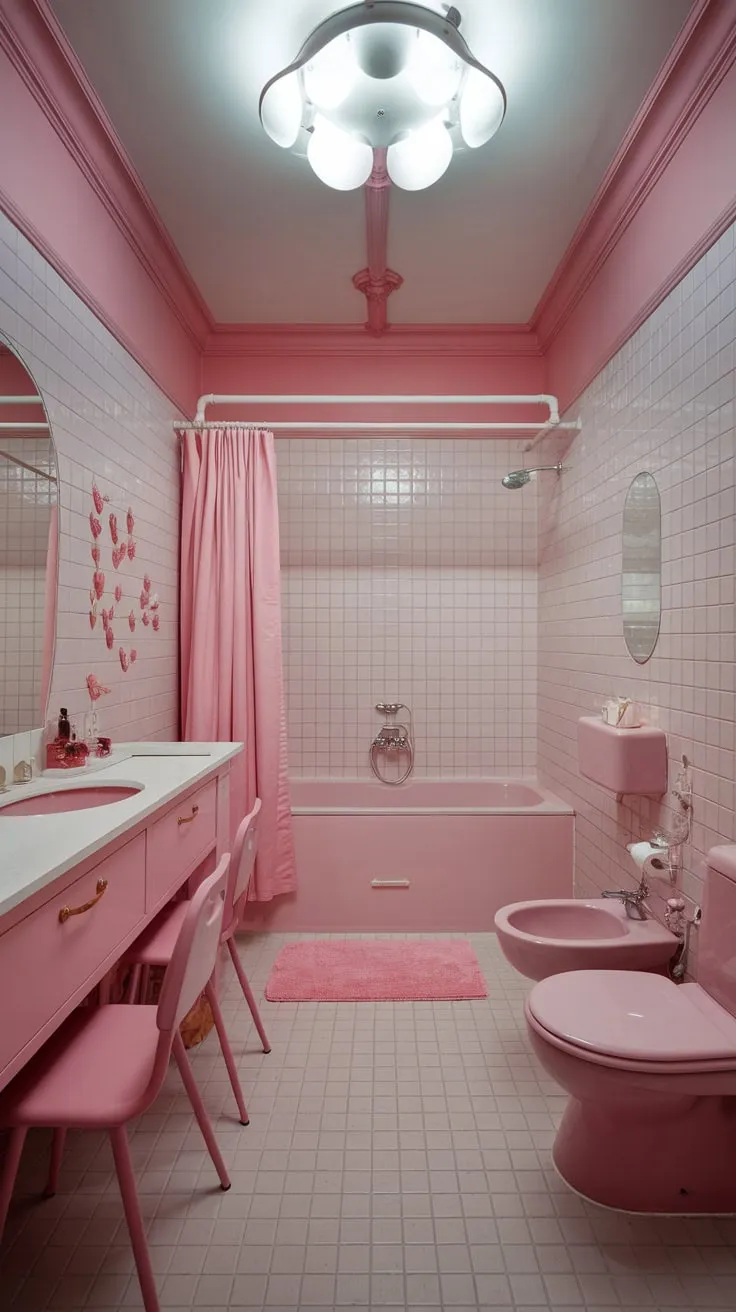 A dreamy modern pink bathroom boasts a cohesive girly aesthetic from its tiled walls and pink fixtures to its matching rug and vanity chairs.