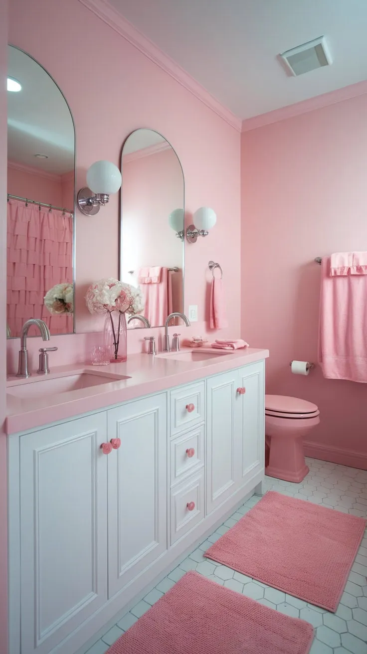 Contemporary design meets feminine charm in a stylish pink bathroom, complete with a pink toilet and matching accessories.