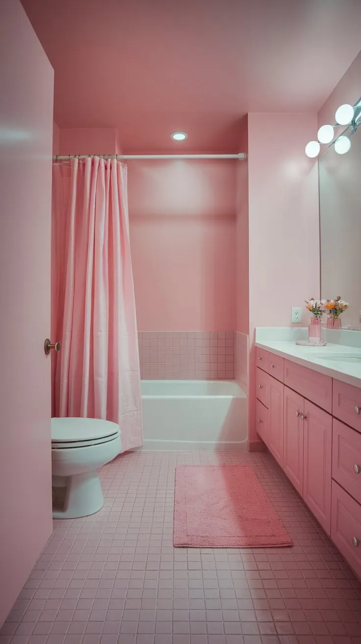 A modern pink bathroom's soft hues create a calming, feminine space with pink tile, walls, and accents against white fixtures.