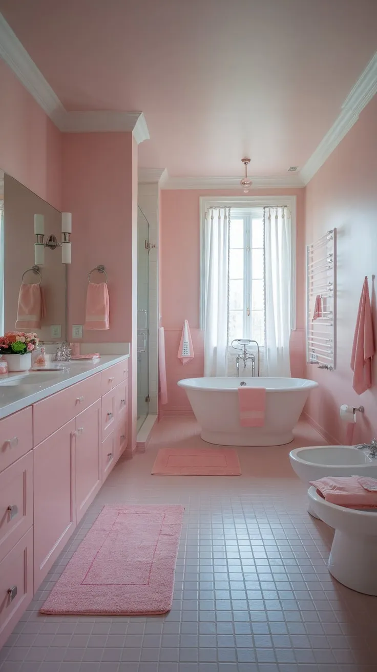 Modern pink bathroom design achieves a sophisticated aesthetic with a freestanding tub, vanity, and pink accents.