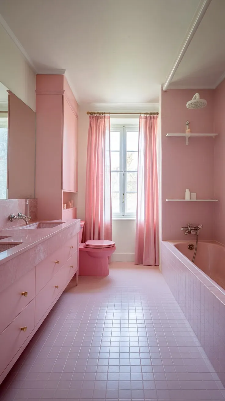 A dreamy modern bathroom is awash in varying shades of pink, from the marble countertops to the tiled floor, creating a bright and airy space.