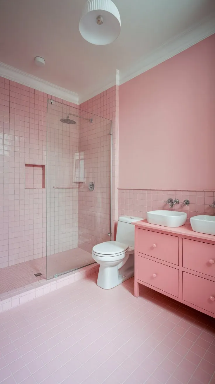 Blush pink walls and patterned wallpaper create a dreamy modern bathroom, complete with a walk-in shower and stylish white fixtures.