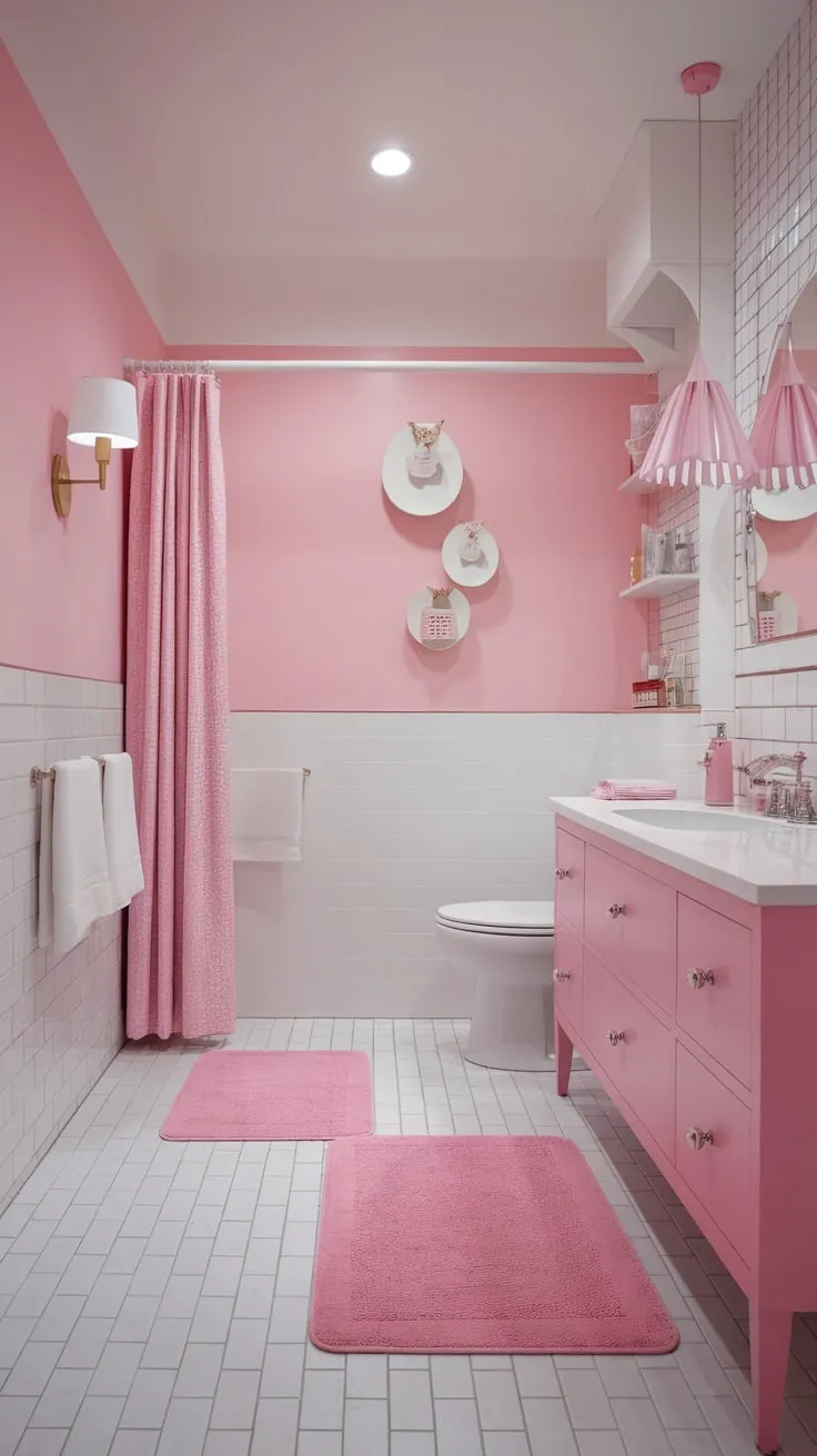 A chic modern bathroom boasts a playful pink palette from striped walls and vanity to fluffy rug and coordinating accessories.
