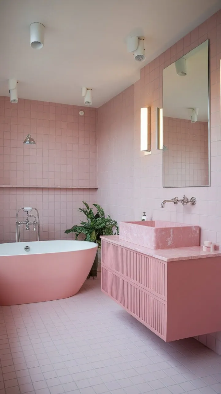 Immerse yourself in the serene elegance of this modern pink bathroom, where luxurious marble and delicate tiles harmonize for an unforgettable experience.