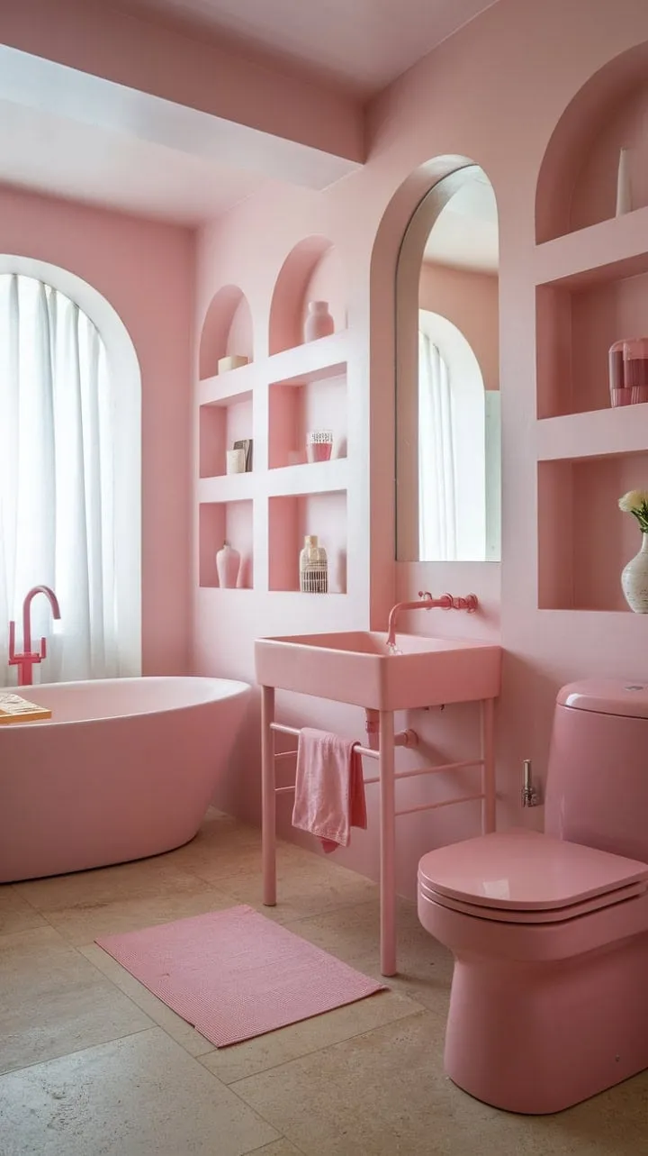Experience tranquil elegance in this blush-toned bathroom sanctuary, where a freestanding tub and whimsical accessories invite serene indulgence.