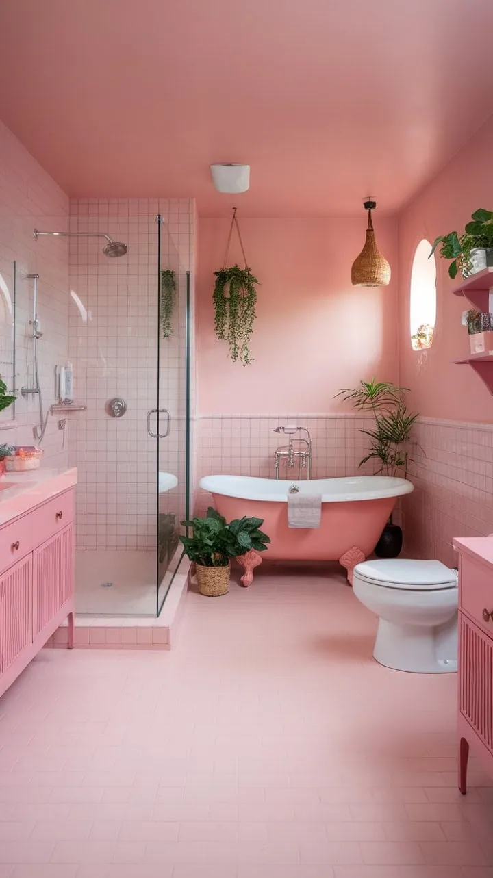 Experience a romantic spa-like retreat in this blush-toned sanctuary, where a freestanding tub and lush greenery invite you to unwind and rejuvenate.