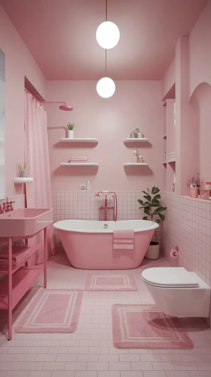 Escape to a serene blush-toned sanctuary where every detail, from the freestanding tub to soft pink accents, invites ultimate relaxation.