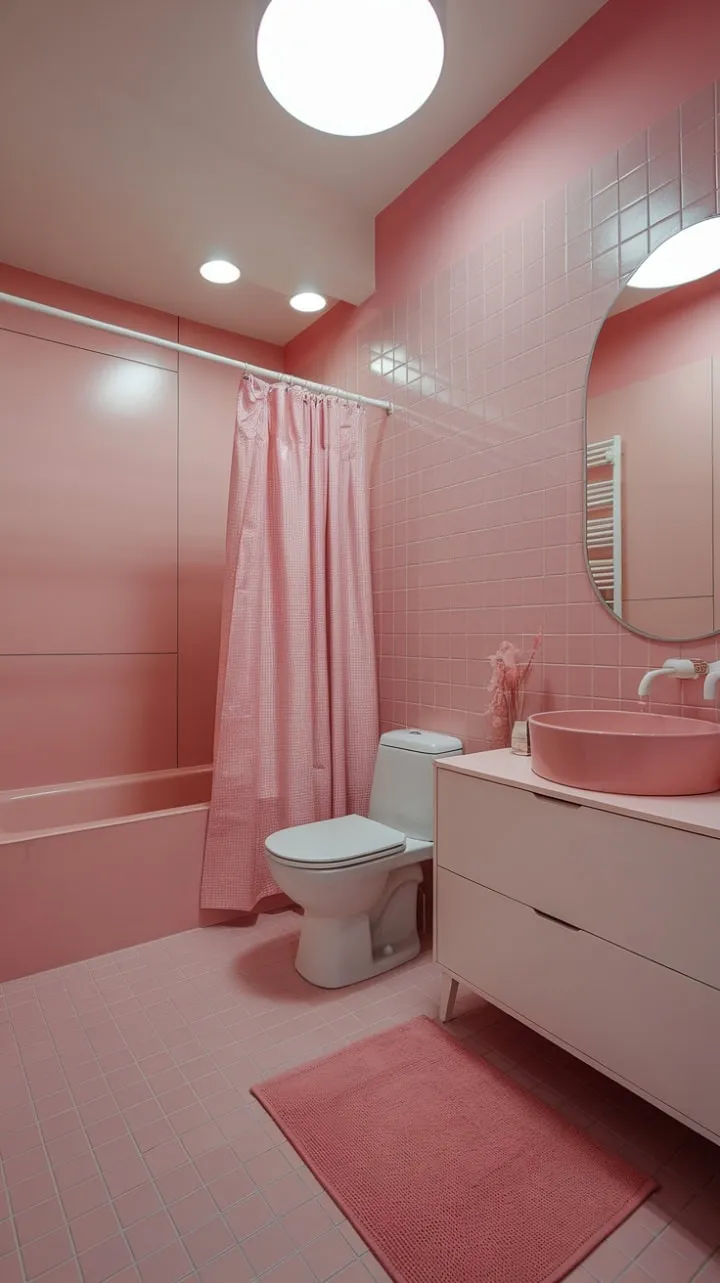 This serene bathroom, awash in a soft pink glow, epitomizes minimalist chic with its perfectly coordinated tiles and accessories.