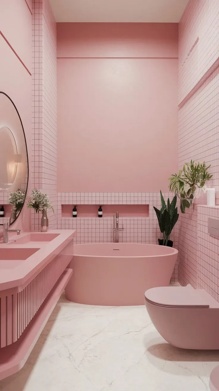 Light pink walls and a white marble floor complement a freestanding bathtub in this aesthetically pleasing modern bathroom.