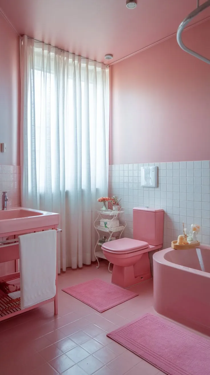 A chic modern bathroom boasts a soft pink palette, from tiled floors to a matching tub and toilet, complemented by crisp white fixtures and a windowed view.