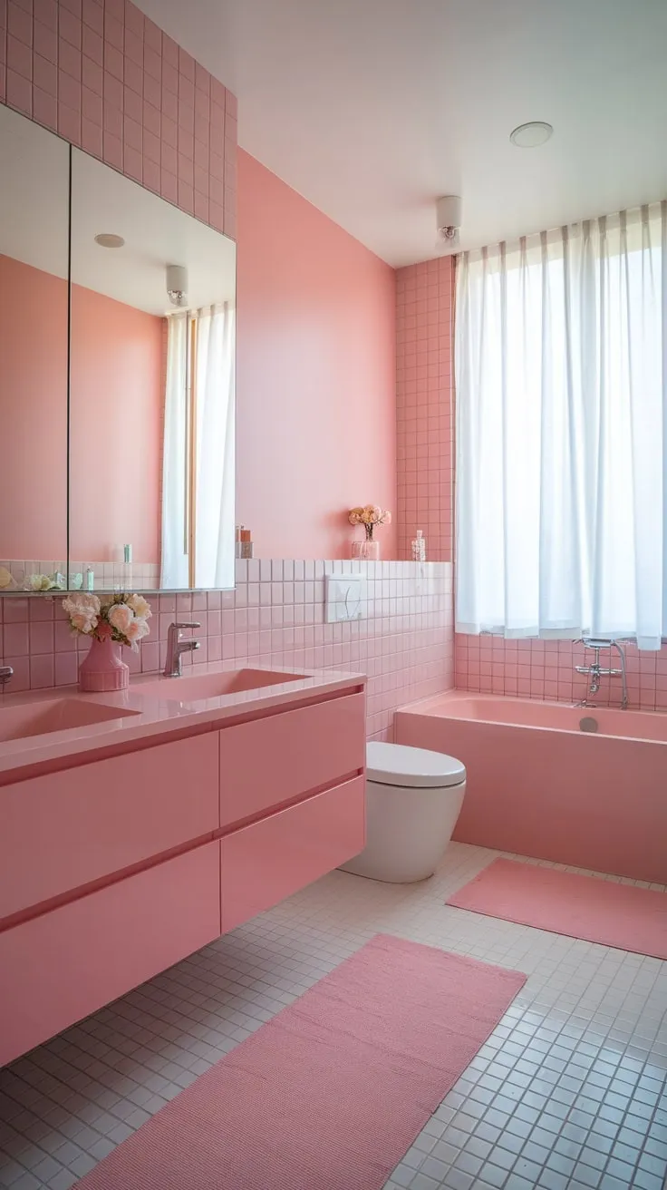 A contemporary pink bathroom boasts a girly aesthetic with pink tiles, vanity, and bathtub, complemented by white fixtures and flooring.