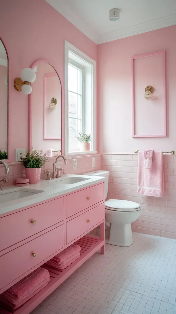 A modern pink bathroom boasts a girly aesthetic with pink vanity, walls, and checkered floors, complemented by white accents and natural light.