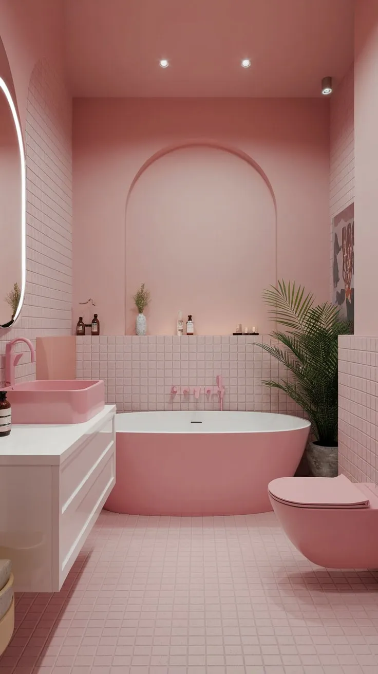 Soft lighting illuminates a chic modern pink bathroom featuring a freestanding tub and pink accents, creating a dreamy girly space