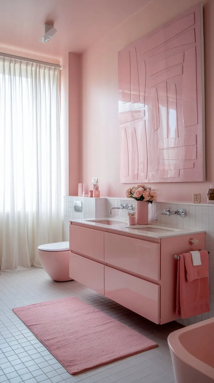 A light pink modern bathroom, accented with white and pink artwork, radiates calm sophistication.