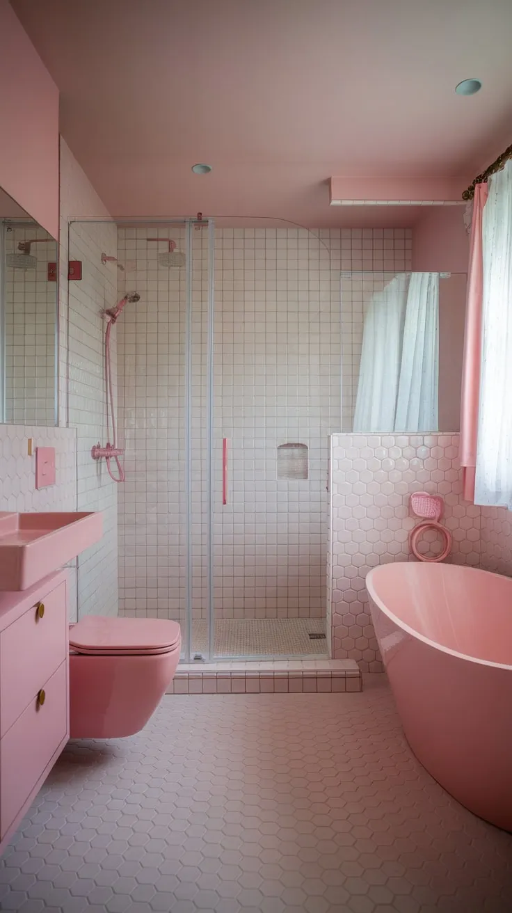 Soft lighting and blush pink accents transform this modern bathroom into a cozy, feminine haven.