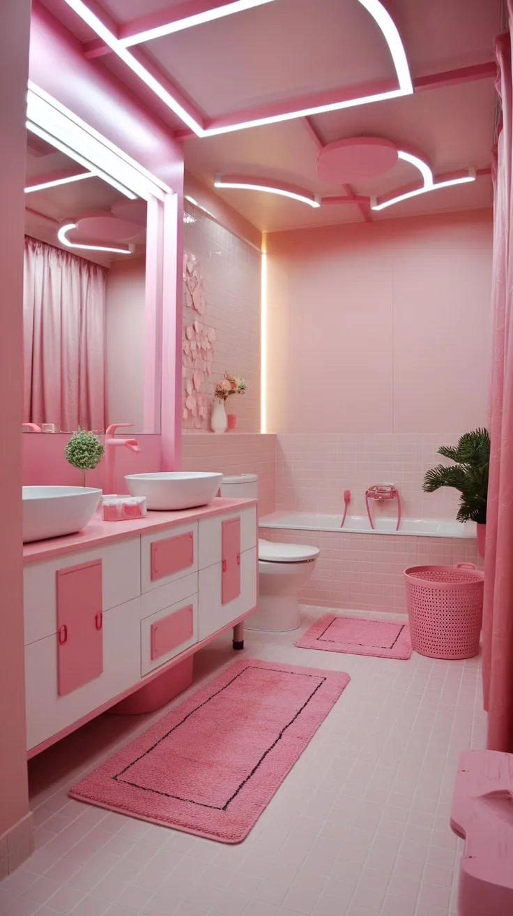 A dreamy modern pink bathroom boasts a cohesive girly aesthetic with light pink tiles, a white vanity accented in pink, and a pink bathtub creating a relaxing space.