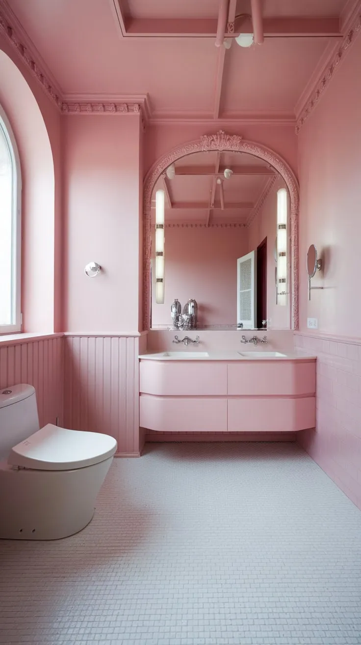 A contemporary pink bathroom design features a white vanity and patterned floor, creating a bright and feminine space.