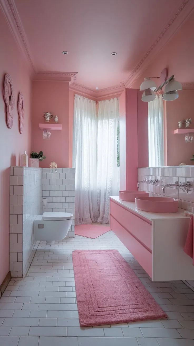 A contemporary pink bathroom boasts a girly aesthetic with white accents, creating a stylish and modern space.