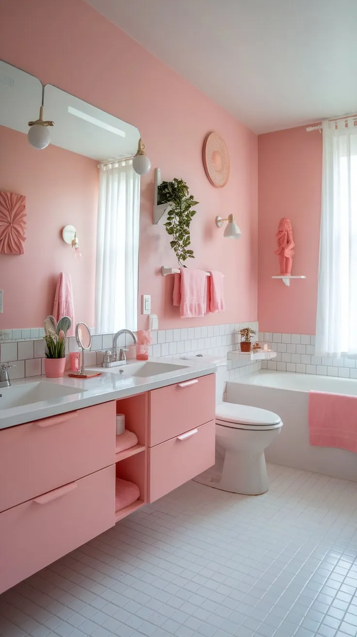Soft pink walls and white accents transform this modern bathroom into a chic and relaxing retreat