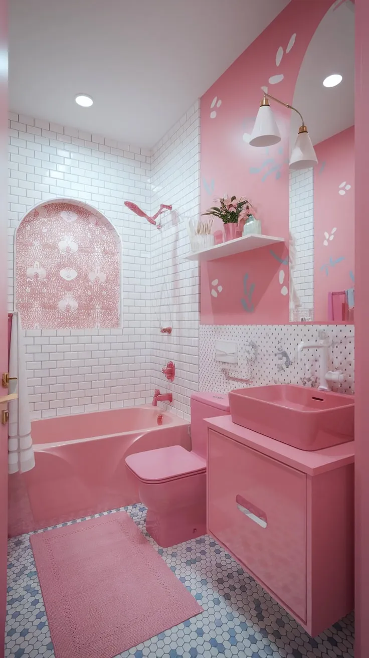 A dreamy modern pink bathroom, from floor to pink door, exudes girly charm with patterned walls and coordinating fixtures.