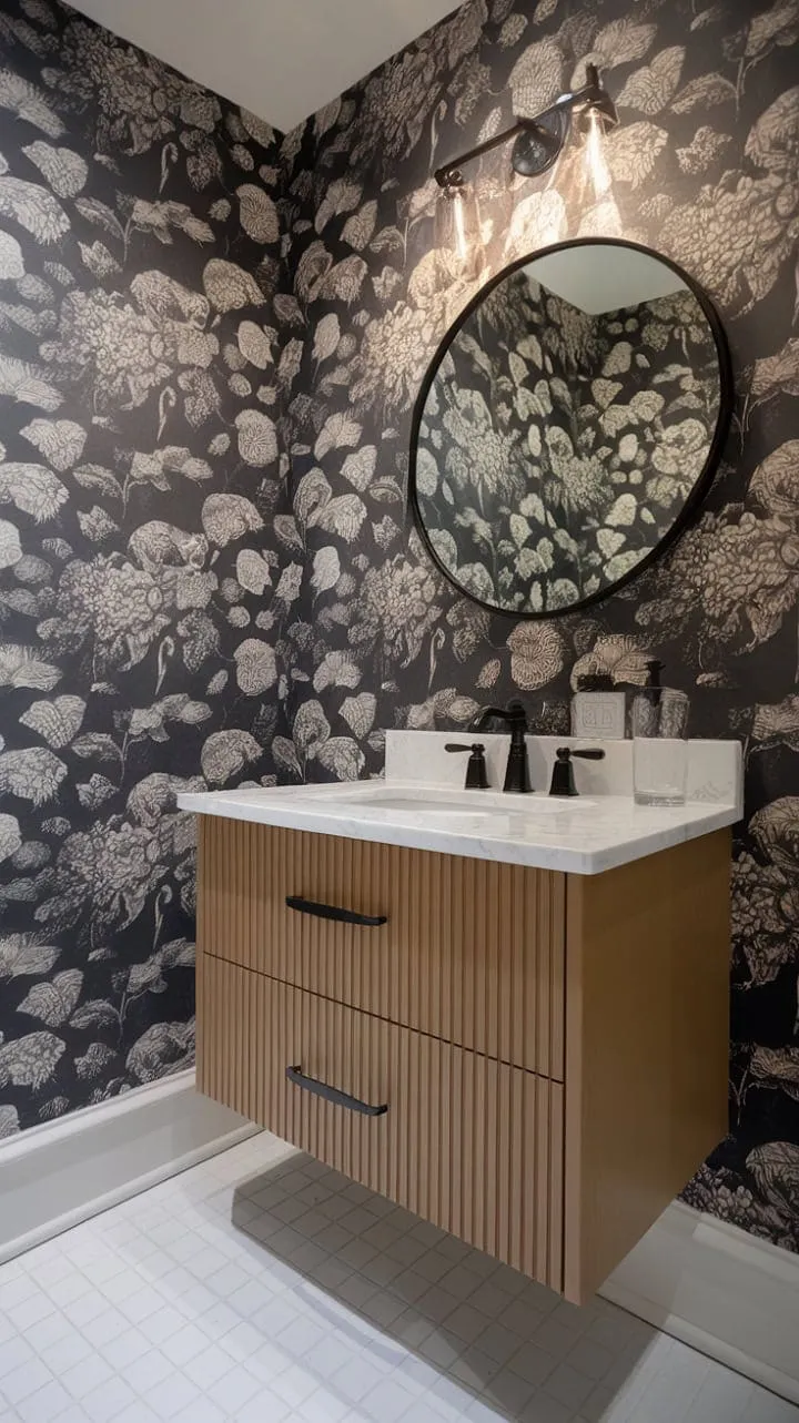 This charming powder room artfully combines whimsical floral wallpaper with a minimalist vanity and sleek white tiles for a delightful yet sophisticated aesthetic.