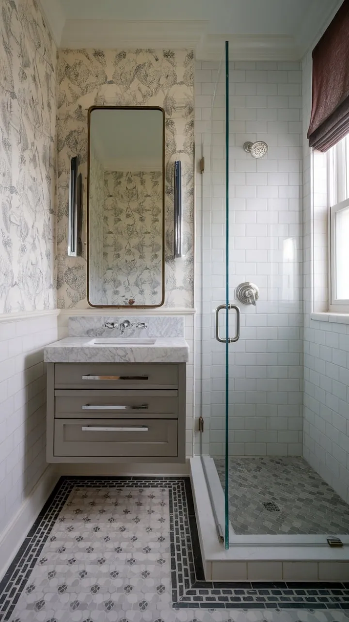 This serene powder room combines a floating marble vanity, patterned tile, and floral wallpaper with a sleek glass-framed shower for an elegant retreat.