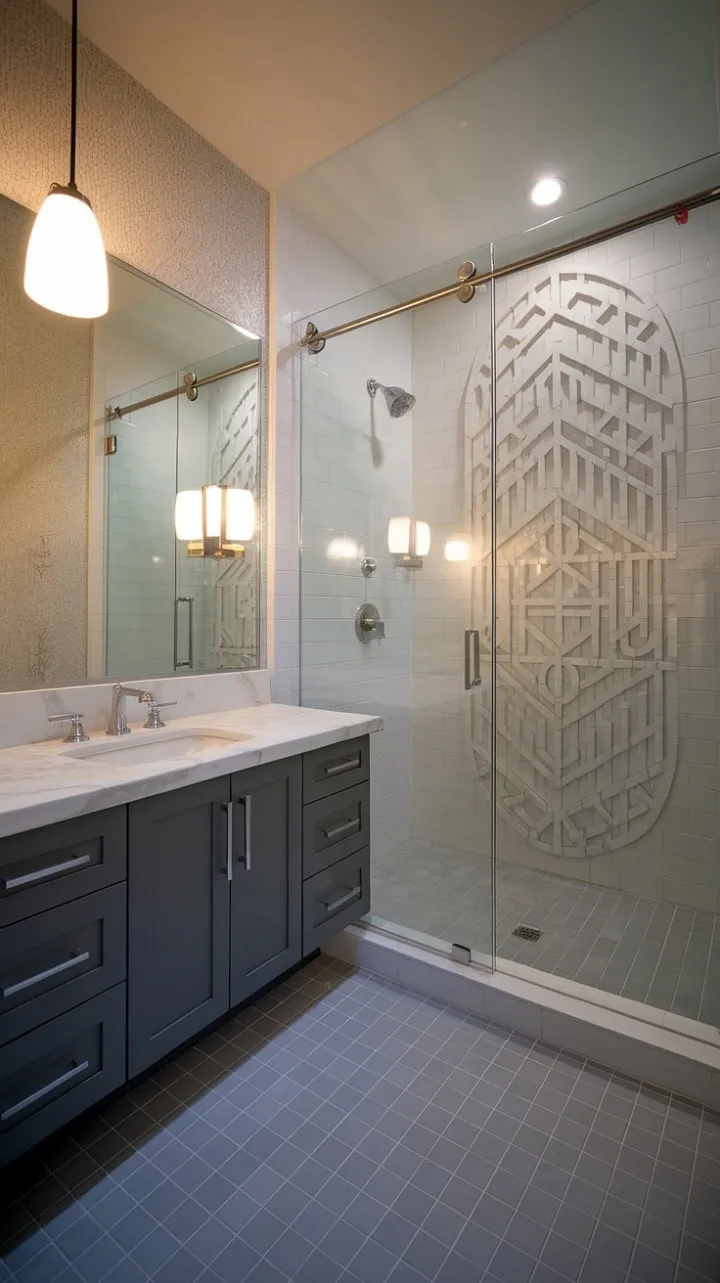 Step into a sanctuary of understated luxury where cool marble and geometric textures harmonize under thoughtful lighting, creating a captivating powder room experience.