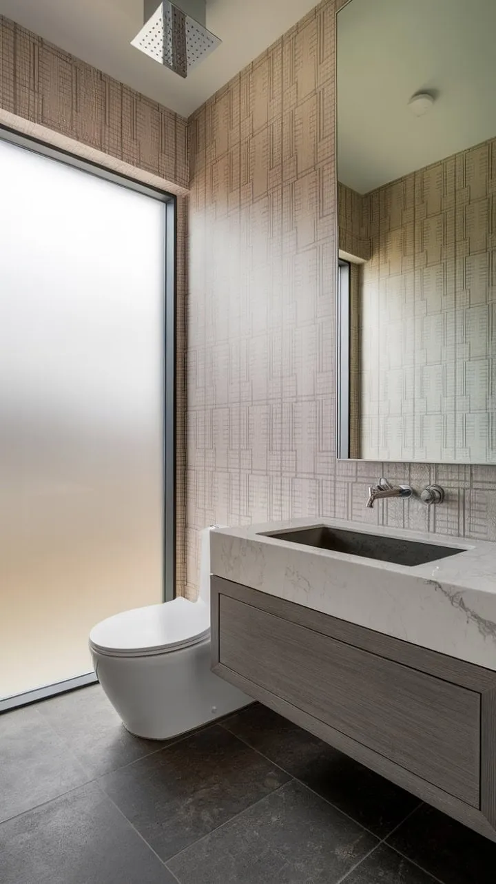 Step into a serene oasis of modern elegance where cool gray tiles and warm beige wallpaper harmonize, complemented by a floating vanity and rainwater shower.