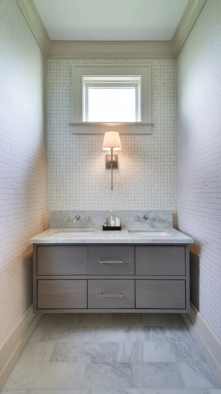 This elegant powder room, featuring a marble floating vanity and serene geometric wallpaper, offers a luxurious retreat that embodies modern design.