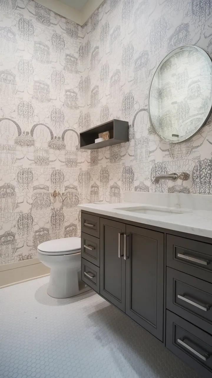 This powder room is a modern sanctuary of elegance, featuring a chic floating vanity, luxurious marble, and striking geometric tiles.