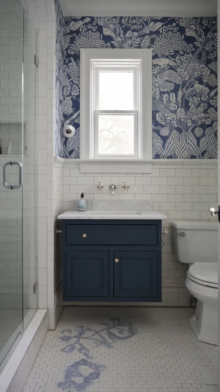 This elegantly crafted powder room transforms a compact space into a luxurious retreat with its stunning floating vanity, serene floral wallpaper, and thoughtful design details.