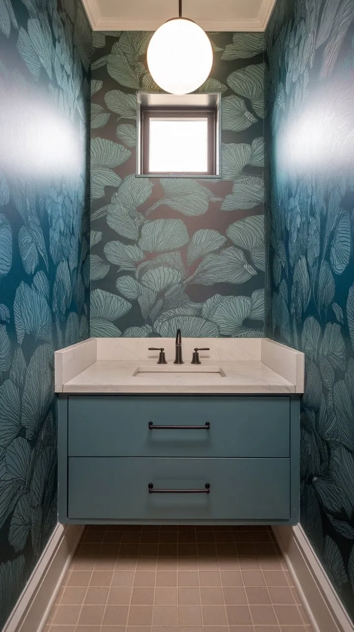 This petite powder room dazzles with bold teal floral wallpaper and a chic floating vanity, blending vibrant colors and sophisticated contrasts for a surprisingly luxurious feel.