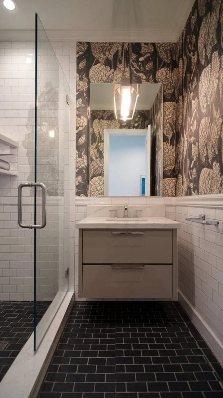 This chic powder room masterfully combines elegant floral wallpaper with a sleek floating vanity and marble countertop, resulting in a surprisingly spacious and luxurious oasis.