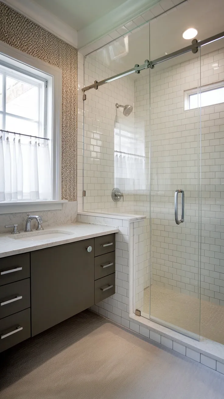 This modern powder room is a study in understated elegance. The frameless glass shower enclosure and white tile create a spa-like atmosphere, while the dark gray vanity and marble countertop add a touch of refined luxury. The patterned wallpaper above the vanity provides a subtle yet impactful design element, completing this beautifully balanced space.