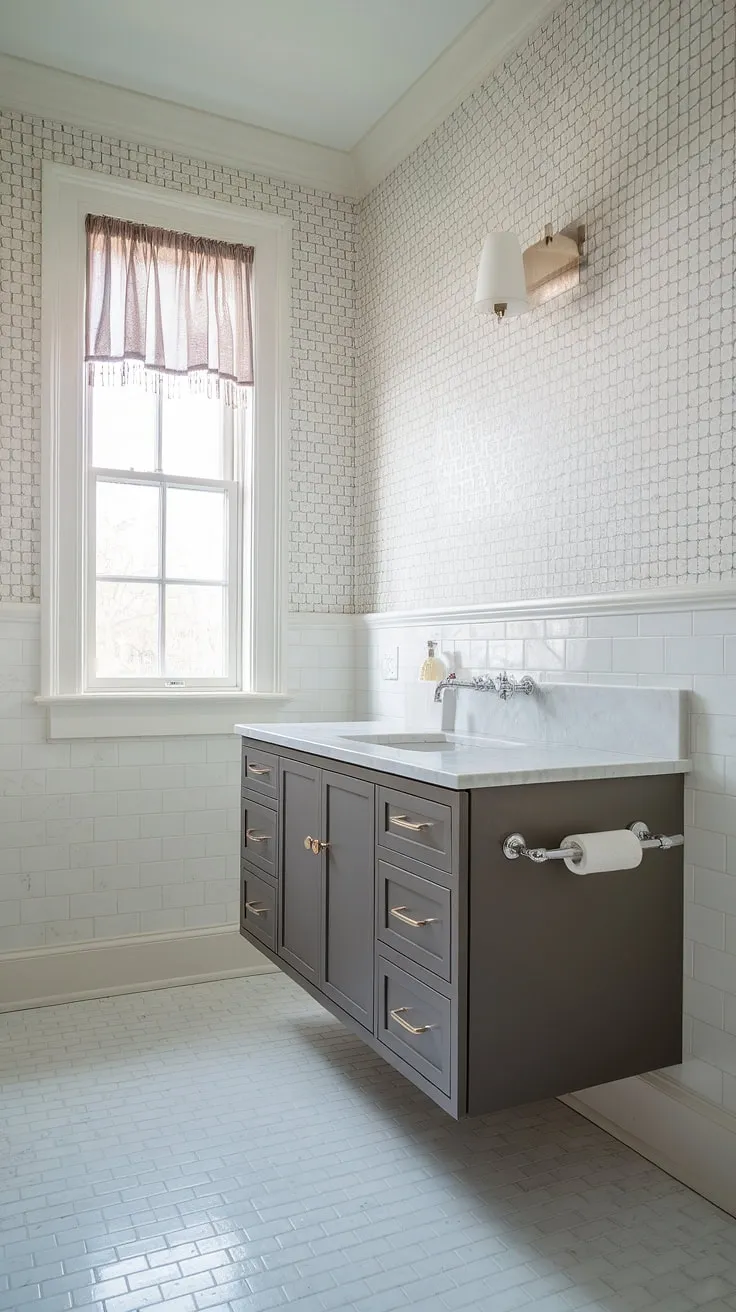 Sleek and sophisticated, this powder room boasts a floating vanity with a white marble countertop, perfectly complemented by dark grey cabinets and a stylish wall-mounted faucet. The patterned wallpaper adds a touch of personality, while the soft light from the wall sconce creates a calming ambiance. A perfect blend of modern design and luxurious detail.