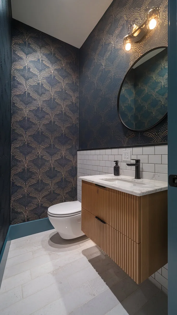 A small space, a grand statement. This powder room proves that even a compact bathroom can be a haven of style. The dark blue wallpaper with gold accents adds a touch of opulence, while the white marble vanity and modern fixtures maintain a clean, contemporary aesthetic. The result? A surprisingly spacious and undeniably chic retreat.