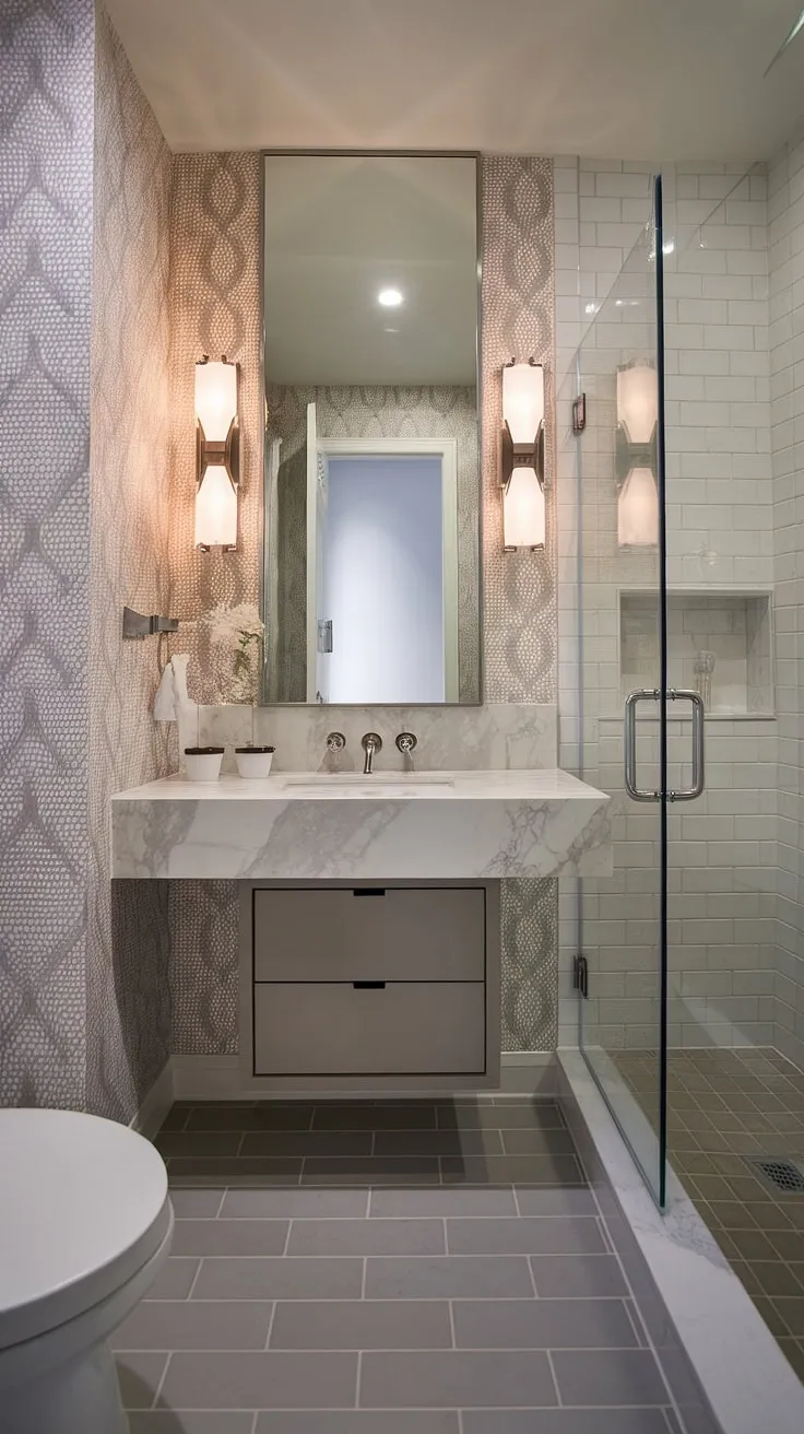 A sophisticated powder room, showcasing a floating vanity with marble countertop and a sleek, frameless shower enclosure. The patterned wallpaper and grey and white tile flooring create a luxurious yet intimate space. A perfect blend of modern design and elegant detail.
