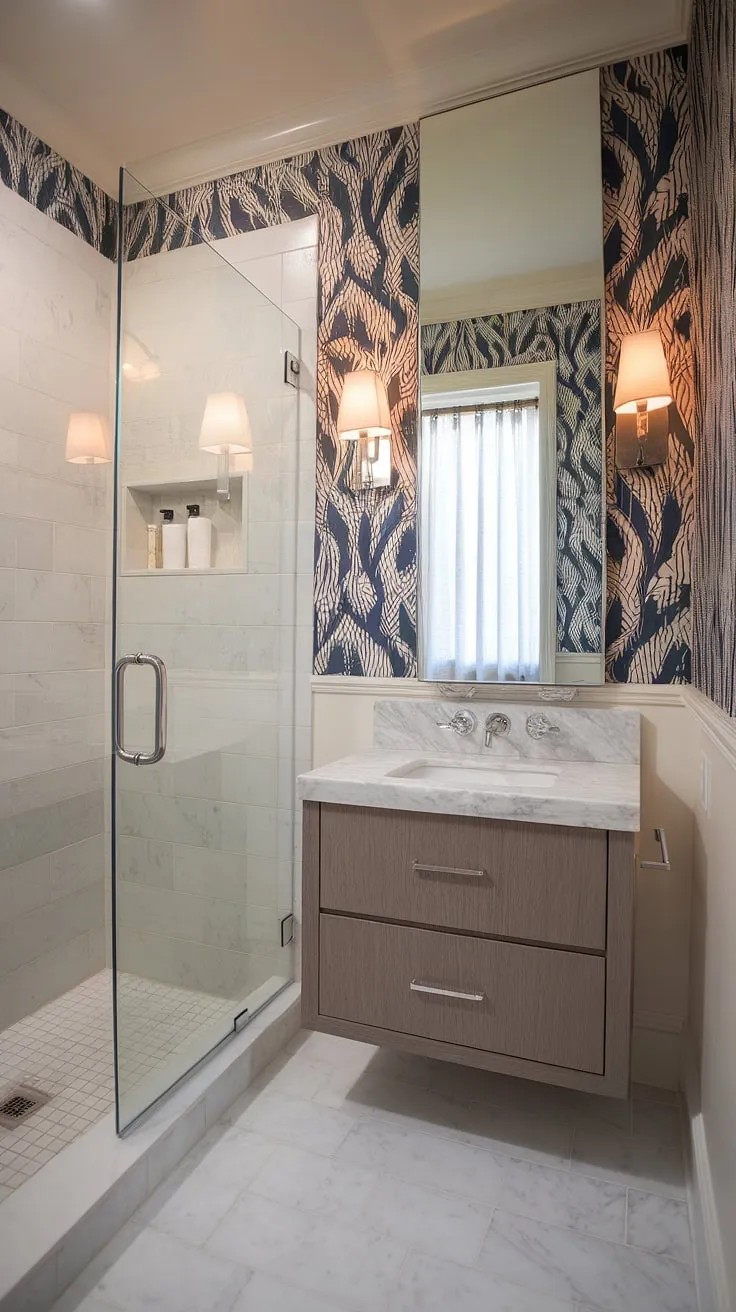 Luxury redefined: This small powder room boasts a stunning marble vanity, a sleek glass shower enclosure, and a bold wallpaper that elevates the space. A testament to how even the smallest bathroom can be a sanctuary.