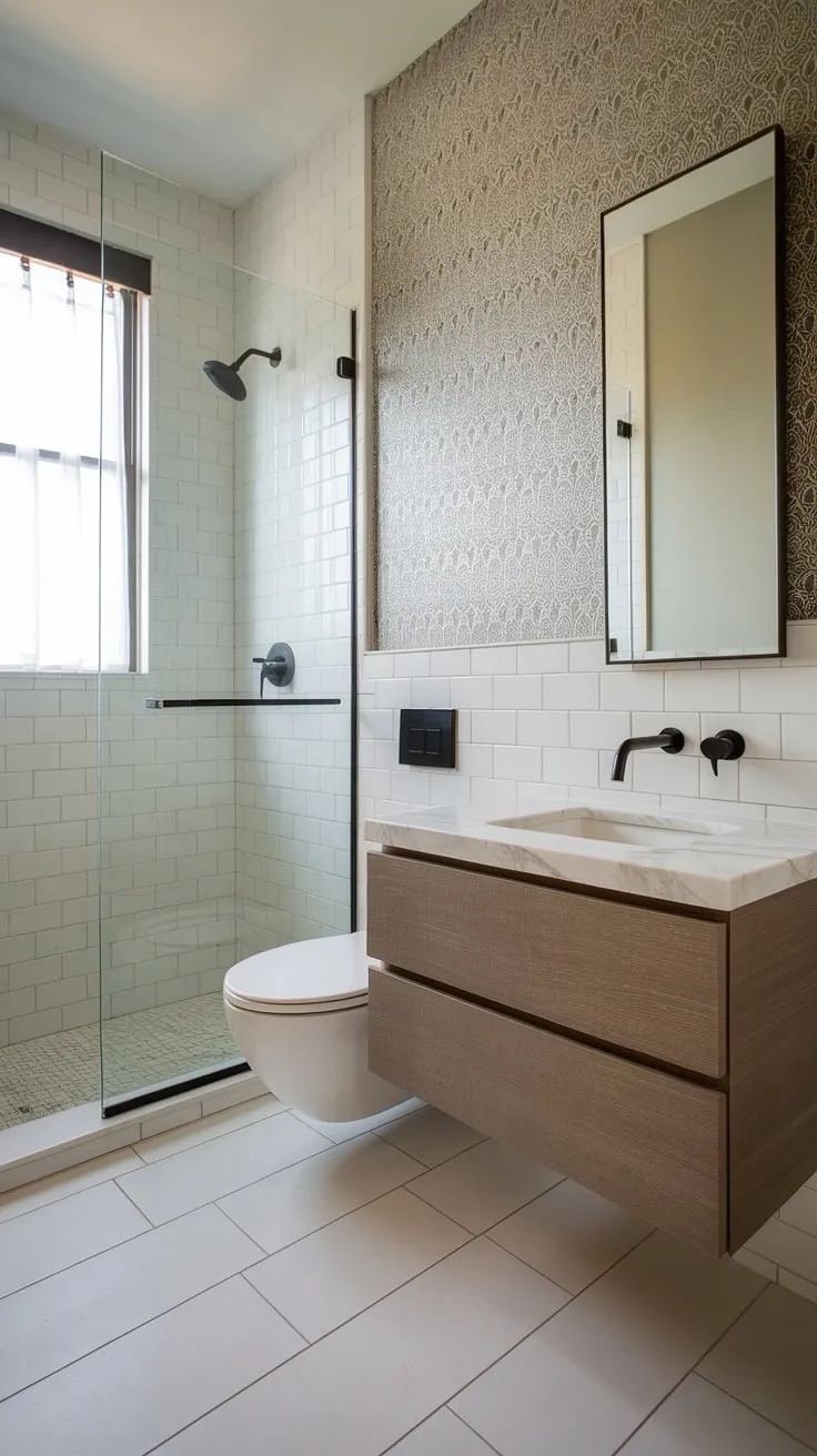 This small but perfectly formed powder room proves that big style doesn't require big space. The contemporary floating vanity and stylish black faucet are complemented by the elegant marble countertop and patterned wallpaper. A well-designed space, showcasing how even a compact bathroom can be both functional and luxurious.
