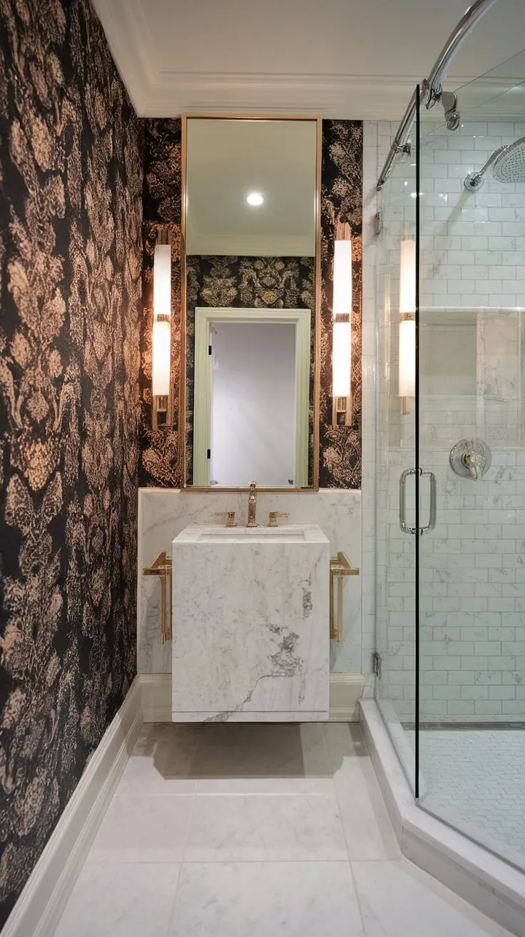Indulge in the serenity of this exquisitely designed powder room. The floating marble vanity and floral wallpaper create a luxurious and intimate escape, perfectly complemented by the sleek glass shower enclosure. A testament to modern elegance and thoughtful detail.