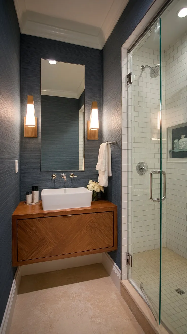 A sophisticated powder room, showcasing a floating wood vanity and white sink, perfectly complements the blue and white striped wallpaper. The sleek glass shower enclosure and beige tile flooring complete this small but luxurious space. A sanctuary of calm and understated elegance.