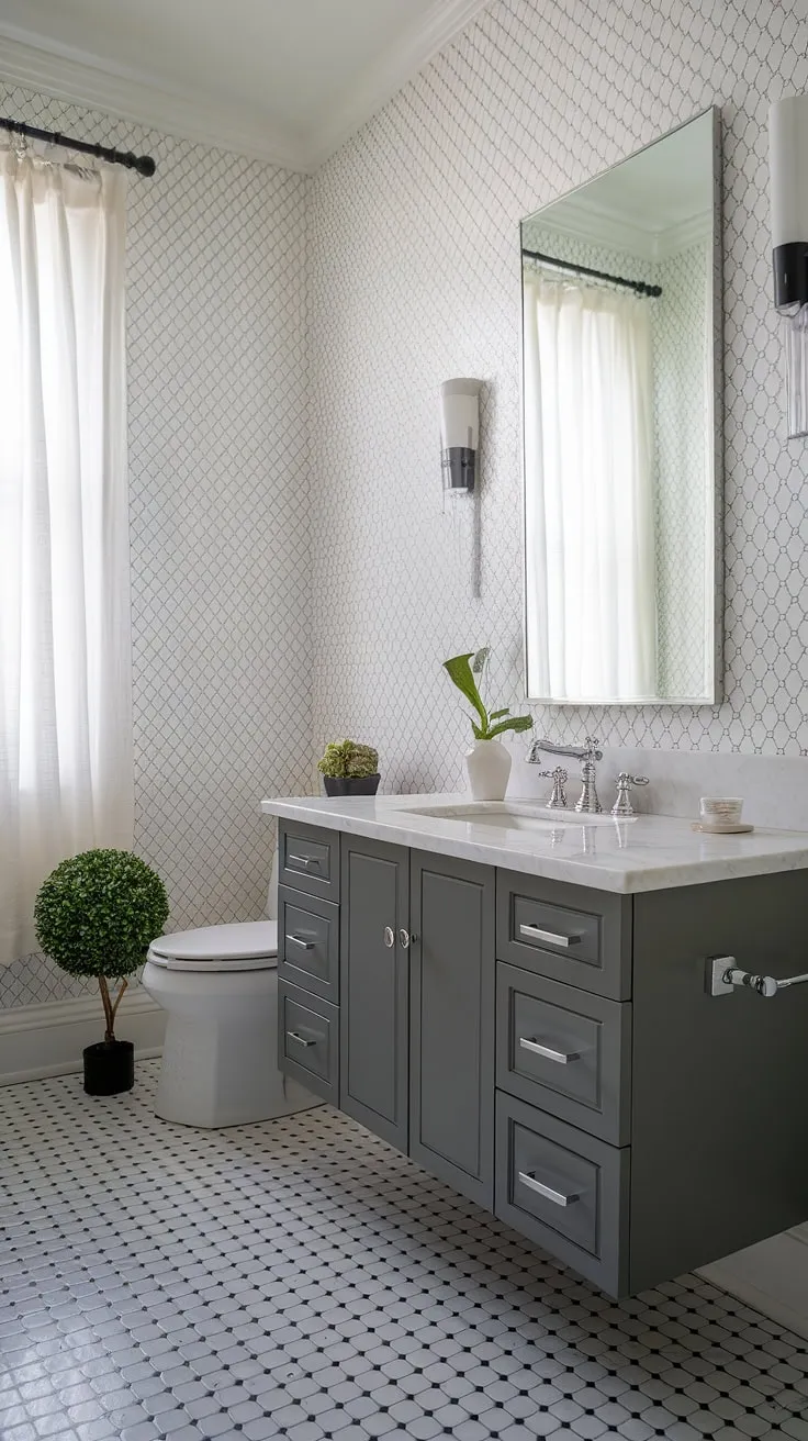 A modern powder room showcasing a floating vanity with a white marble countertop and dark gray cabinets. The black and white checkered floor and patterned wallpaper create a striking contrast, while the small potted plant adds a touch of nature to this impeccably designed space. The result is a chic and functional retreat.