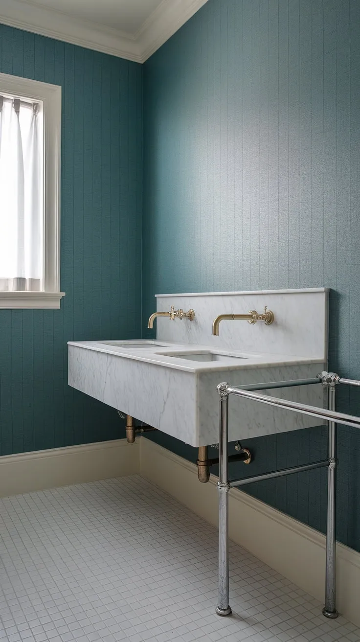 This powder room is a study in understated luxury. The floating double vanity, crafted from sleek white marble, is a stunning centerpiece, its brass faucets adding a warm metallic accent against the cool teal walls. The small, white tiles and simple chrome towel rail complete the refined and calming atmosphere. A perfect blend of form and function.